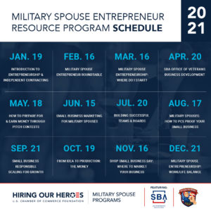 The 2021 Military Spouse Entrepreneur Resource Program Schedule created by Hiring Our Heroes, SBA and The Rosie Network.