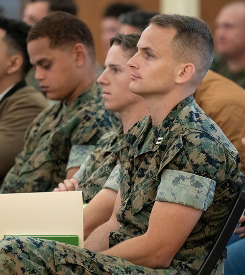 Service members listening during a Hiring Our Heroes event