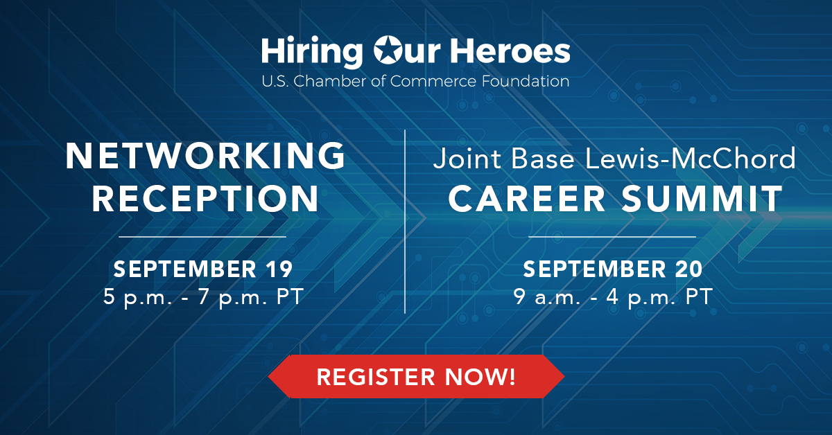 Joint Base Lewis-McChord Networking Reception September 19, 2023, JBLM Career Summit September 20, 2023 social media graphic
