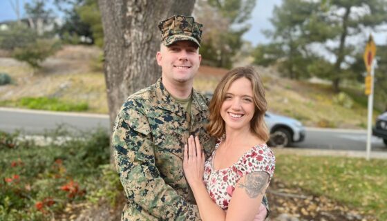Evan and Shyla Jones, a military couple, seen smiling and in a hugging embrace, worked together to complete their Google Career Certificates through Hiring Our Heroes' Career Forward program.