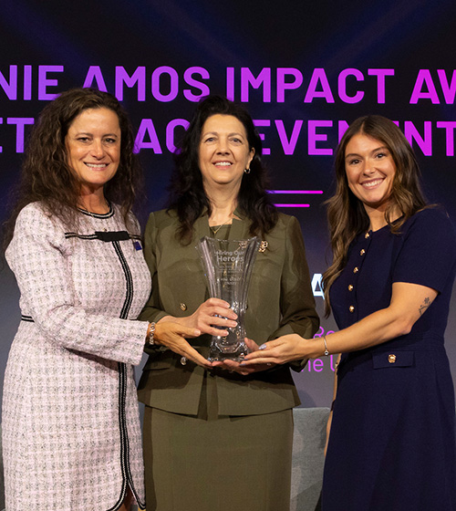 Director, Family Readiness, Association of the U.S. Army, Hollie Dailey (C); wins the Bonnie Amos Impact Award for Lifetime Achievement during Hiring Our Heroes Military Spouse Employment Summit 2025.