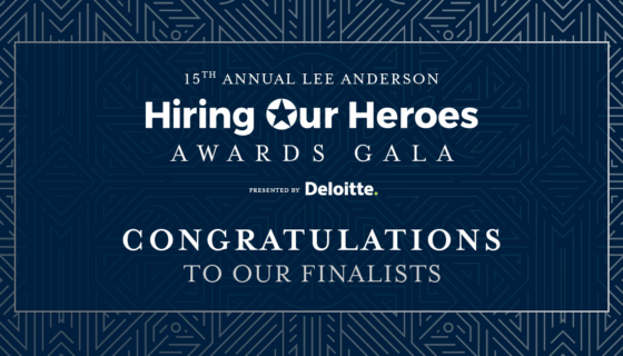A dark blue rectangular banner with a silver border, set against a background of repeating geometric patterns in silver and dark blue. The banner features white text that reads: "15th Annual Lee Anderson Hiring Our Heroes Awards Gala, presented by Deloitte. Congratulations to our finalists."