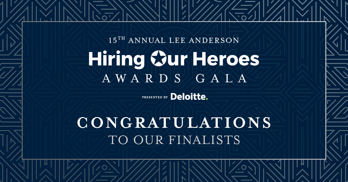 A dark blue rectangular banner with a silver border, set against a background of repeating geometric patterns in silver and dark blue. The banner features white text that reads: "15th Annual Lee Anderson Hiring Our Heroes Awards Gala, presented by Deloitte. Congratulations to our finalists."