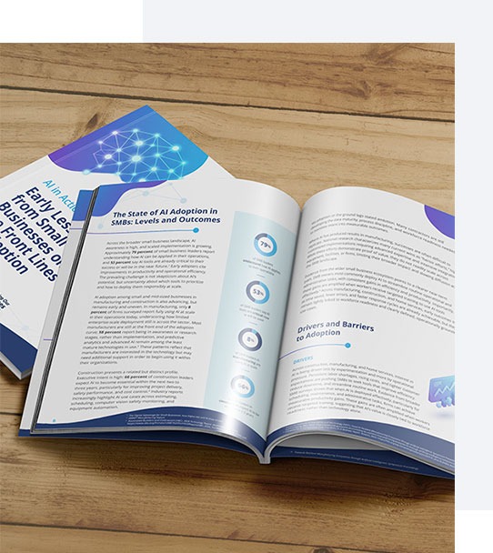Hiring Our Heroes - AI in Action: Early Lessons from Small Businesses on the Front Lines of Adoption Whitepaper - image of research in book form on a desktop