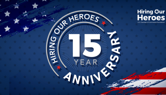 A blue background with a subtle pattern of small stars. In the top left corner, there is a distressed blue and white American flag design with white stars. In the bottom right corner, a distressed red, white, and blue American flag design with stripes is visible. At the center, a large circular logo features the text "HIRING OUR HEROES" curved along the top and "ANNIVERSARY" curved along the bottom. Inside the circle, the number "15" is prominently displayed in bold white, with "YEAR" written below it in smaller text. To the top right, the "Hiring Our Heroes" logo is displayed with "U.S. Chamber of Commerce Foundation" written underneath. Red stars accent the circular logo.