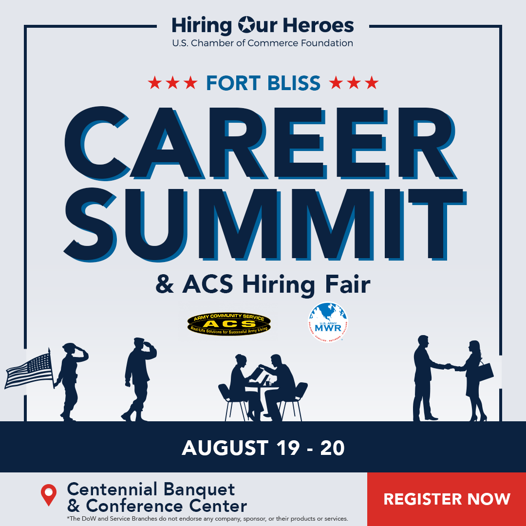 Hiring Our Heroes Fort Bliss Career Summit & ACS Hiring Fair August 19-20, 2026 - social medai graphic