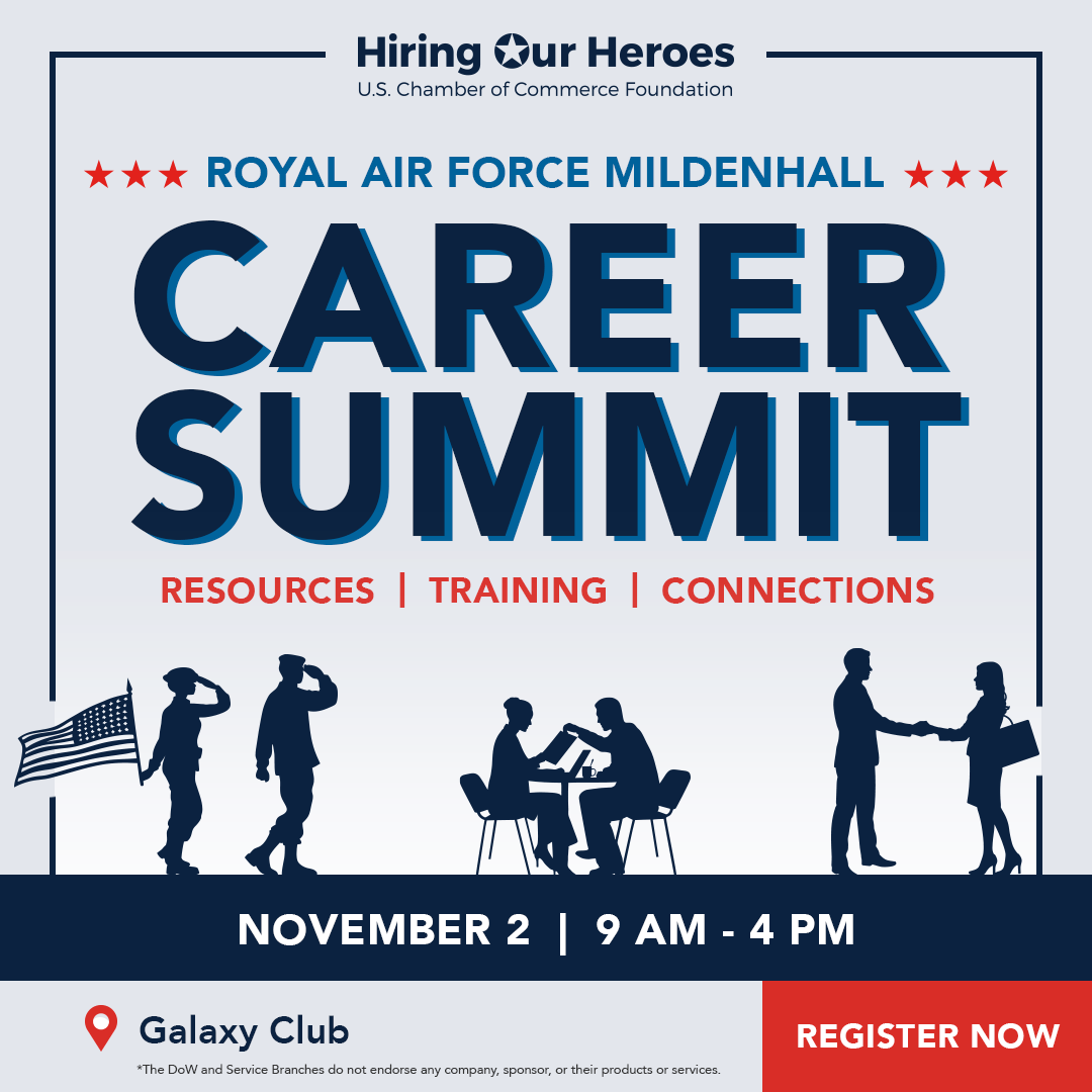 Hiring Our Heroes Royal Air Force Mildenhall Career Summit Resources, Training, Connections November 2, 2026 - social media graphic