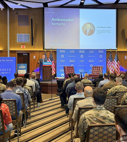 Photo of Career Summit where John Wayne Troxell speaks to an audience of a mix of uniformed and plain clothes service members.