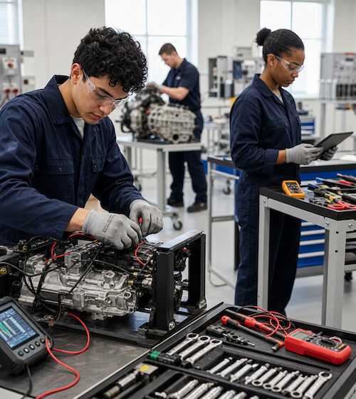 Automotive track students work on engine components.