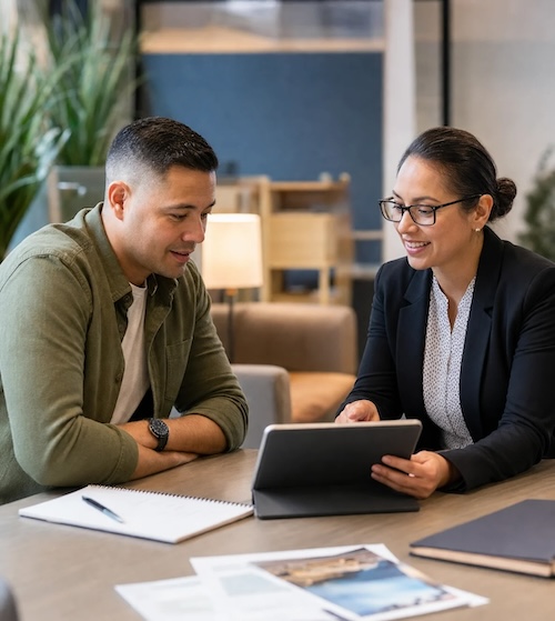 A woman shows a tablet screen to a man.