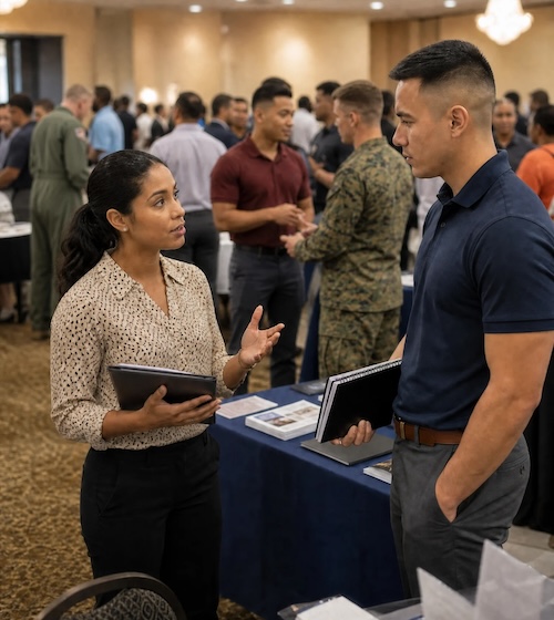 A man and woman speak at a hiring event.
