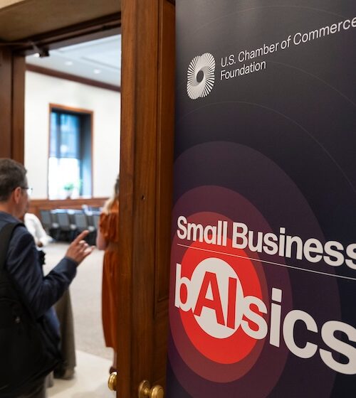 A participant enters the Small Business B(AI)sics training.