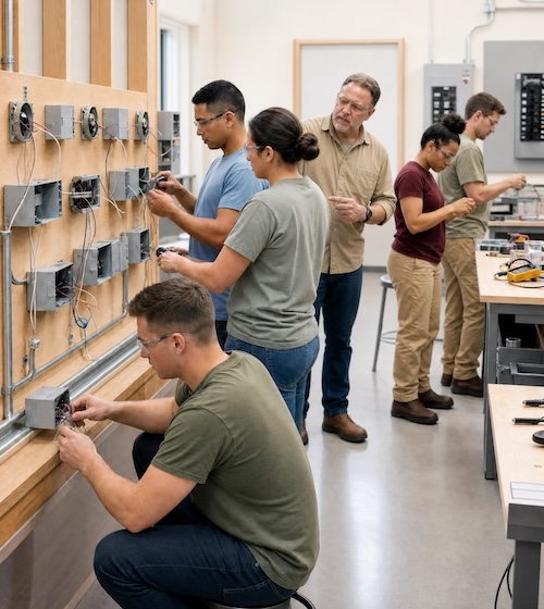 An instructor provides guidance to students learning electrical skills