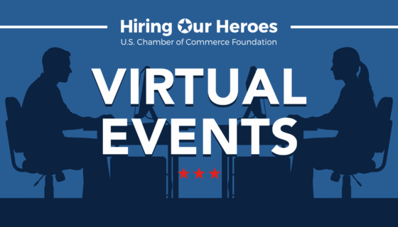 Virtual Events graphic with a silhouette of a man and woman each at a computer on a blue background with the Hiring Our Heroes logo and three red stars.