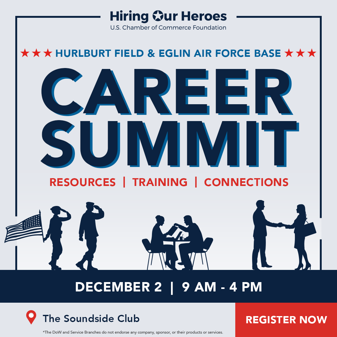 Hiring Our Heroes Hurlburt Field & Eglin Air Force Base Career Summit - Resources, Training, Connections - December 2, 2026 - social media graphic