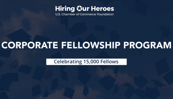 Hiring Our Heroes logo at the top with the words Corporate Fellowship Program, Celebrating 15,000 Fellows over a blue background with graduation caps