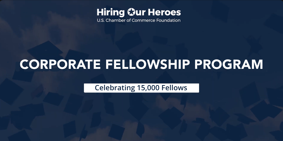 Hiring Our Heroes logo at the top with the words Corporate Fellowship Program, Celebrating 15,000 Fellows over a blue background with graduation caps
