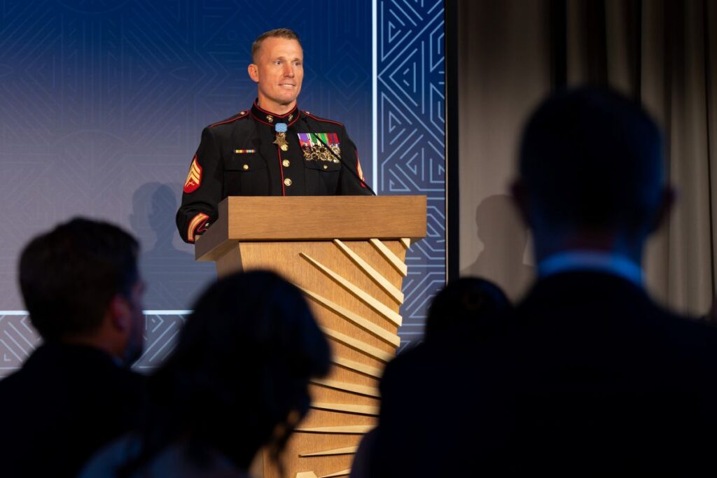 Hiring Our Heroes' Ambassador, Dakota Meyers, speaks at the 2025 Lee Anderson Awards Gala.