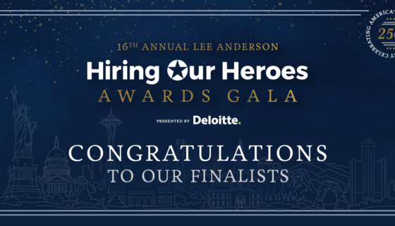 A blue background with gold confetti and a skyline with the words 16th Annual Lee Anderson Hiring Our Heroes Awards Gala Presented by Deloitte. Congratulations to our Finalists